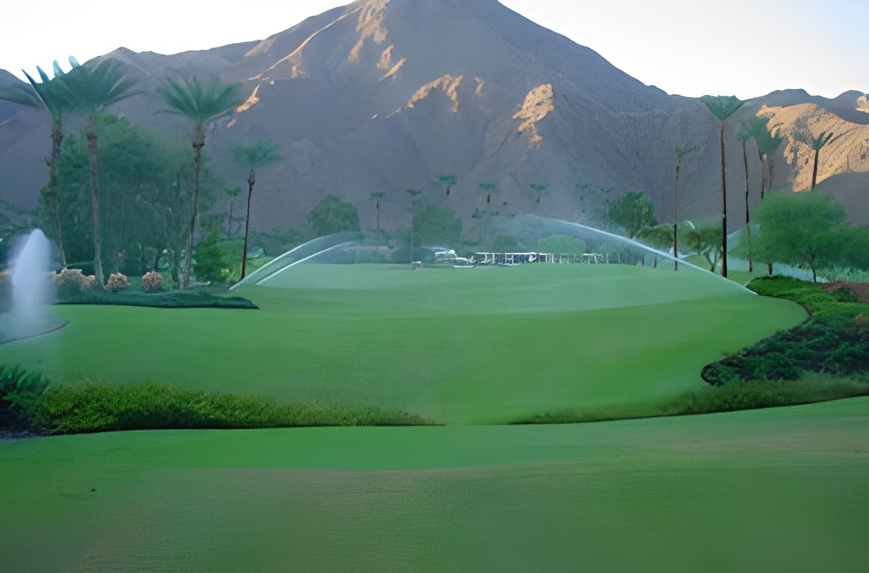 Desert golf course with sprinklers